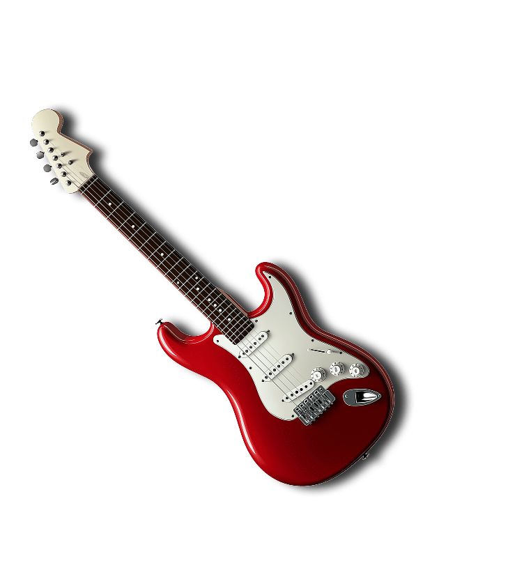 Guitare électrique rouge avec pickguard blanc et microphone sur fond noir. Instruments de musique pour performance live.