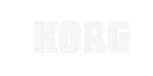 Logo blanc KORG sur fond noir.