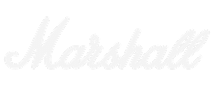 Logo Marshall blanc en script sur fond noir, emblème de la célèbre marque d'amplificateurs et équipements audio.